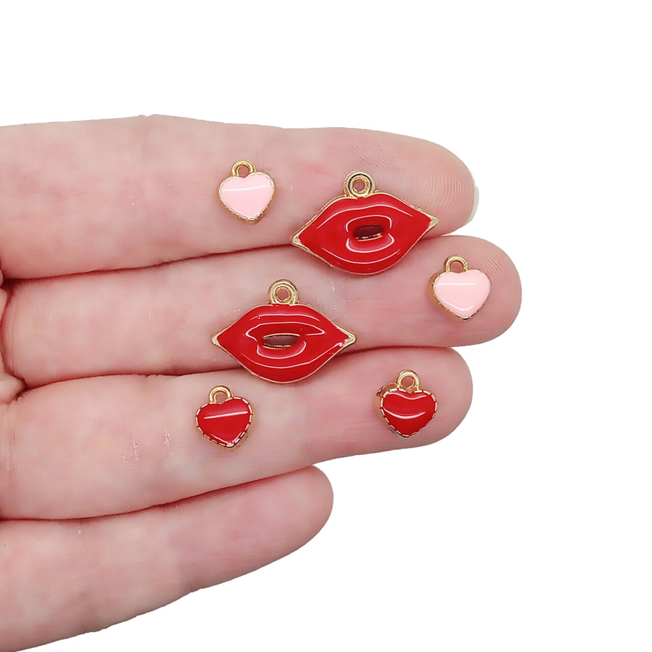 Hearts and Lips Charms, 6 pcs, Valentine's Day Enamel Metal Pairs, Adorabilities